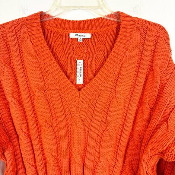 NWT Madewell Women's Cable Knit Fisherman Sweater in Roasted Squash Orange - Picture 7 of 13